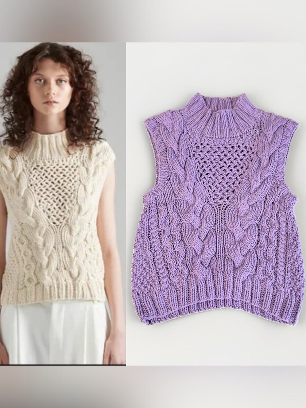 First Born Knits Terra sleeveless Cable Knit  Turtleneck Sweater Lilac Purple S